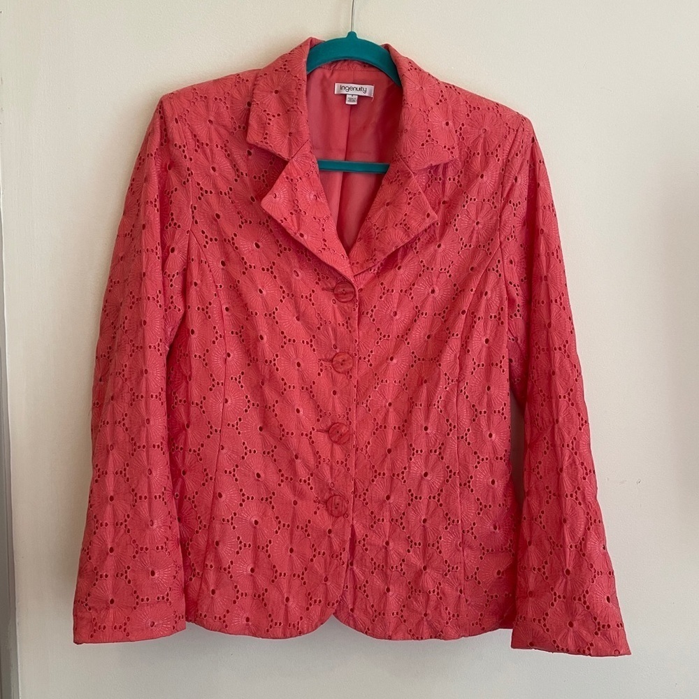 Ingenuity Eyelet Blazer Jacket Size 4 Pink Coral Cottage Grandmacore Vintage